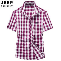 JEEP SPIRIT吉普短袖衬衫工装大格纹纯棉半袖衬衫微弹条纹夏装新款jeep百搭上衣潮(F245-0089酒红大格 XL)