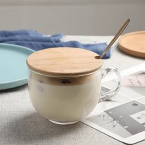 欧式金边早餐杯大容量玻璃杯家用牛奶杯酸奶杯子燕麦碗咖啡杯(透明早餐杯1只 杯子+樱花勺+竹盖)