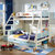 喜梦宝子母床上下床高低床组合双层床松木家具多功能实木床儿童床(蓝+白 1.35米子母床（简梯）)