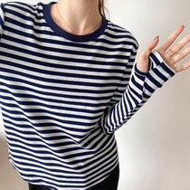 MISS LISA长袖条纹t恤女装宽松韩版T恤打底衫时尚内搭6331(蓝色 M)