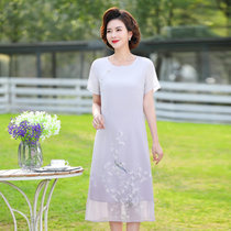 妈妈夏装连衣裙中年妇女装洋气40岁50中老年人气质大码雪纺长裙子(浅蓝 XL建议（95-110）斤)