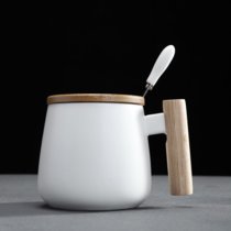 马克杯带盖勺陶瓷喝水杯子简约复古情侣杯家用泡牛奶咖啡杯早餐杯(白色 杯子+盖勺)