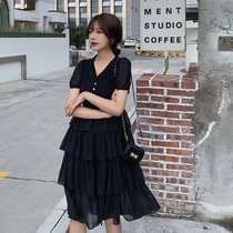 2022夏款韩版女装V领层次感短袖波点雪纺蛋糕群连衣裙(黑色 L)