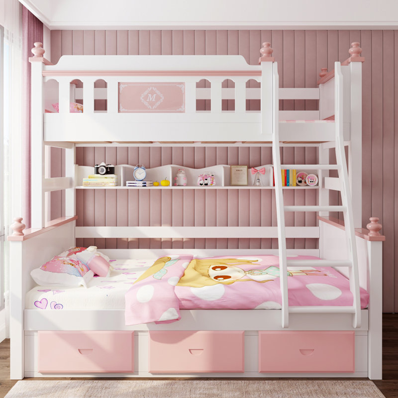 子母床小户型双层床爬梯床女童成人可睡简约床玫瑰公主直梯三抽床厢