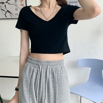 SUNTEKins超火设计感V领短袖T恤女夏韩版潮小众短款高腰露脐紧身上衣服(M 黑色)