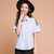 七格格2017夏装新款 时尚蓝白条纹撞色条纹拼接短袖衬衫 女X1046(蓝白条纹 S)