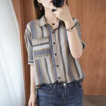 穗啦棉麻衬衫女2022年新款设计感小众轻熟夏季薄款竖条纹短袖上衣女潮(蓝驼色 XL)