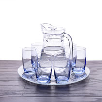 玻璃杯子套装家用6只装茶杯套装带杯架耐热泡茶水杯茶杯果啤酒杯(蓝色圆形杯+水壶+沁水盘+杯架)