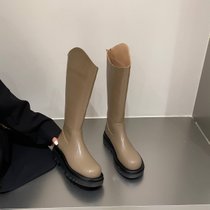 SUNTEK小个子棕色长筒骑士靴女鞋2021年新款秋冬季加绒小众设计中长靴子(BK888-21奶茶卡其色加绒 37)