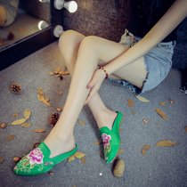 2017春夏新款老北京布鞋懒人鞋尖头复古高跟拖鞋刺绣包头布拖鞋(37)(独秀绿色)