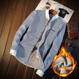 冬季男士保暖衬衫男加绒加厚长袖韩版修身青年条纹衬衣男装衣服潮ZW2785(蓝色 XL)