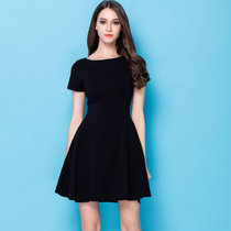 短款一字领黑裙子小个子连衣裙2021年春夏秋法式赫本红色礼服短袖(黑色 S)