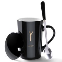 创意个性陶瓷马克杯带盖勺咖啡杯家用情侣喝水杯子男生办公室茶杯(黑金款-Y)