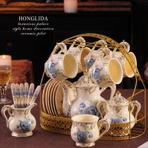 欧式咖啡杯具套装家用英式乔迁新居闺蜜结婚礼物高档陶瓷茶具套装(蓝玫瑰3壶6杯碟+篮 8件)