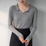 MISS LISA针织衫女V领韩版长袖修身套头翻领短款内搭上衣F5122(浅灰色 M)