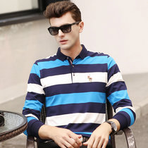 CINESSD冬季新款长袖男式POLO衫 商务条纹翻领纯棉套头男士t恤(蓝色 XL)