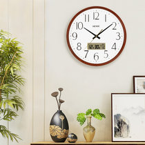 汉时（Hense)现代简约带液晶屏装饰挂钟客厅万年历静音石英时钟HW49(圆形木纹)