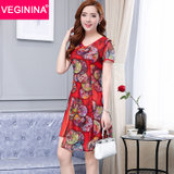 VEGININA 韩版修身显瘦印花连衣裙 9638(红色 3XL)