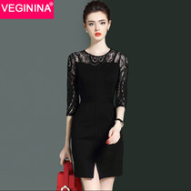 VEGININA 新款五分袖修身拼接镂空蕾丝连衣裙 9969(黑色 XL)