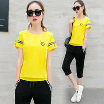 莉菲姿 2017韩版运动套装女夏装新款短袖运动服女跑步休闲套装两件套夏季(黄色 XXXL)