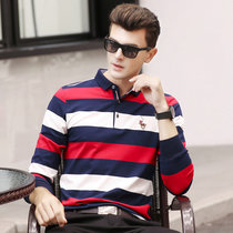 CINESSD冬季新款长袖男式POLO衫 商务条纹翻领纯棉套头男士t恤(红色 L)