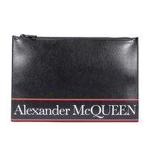Alexander McQueen男士黑色白色字母logo小牛皮拉链手拿包黑色 时尚百搭