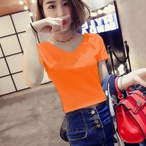 SUNTEK夏装2022新款短袖t恤女生半袖体恤修身上衣心机洋气打底小衫v领(M 橙色)
