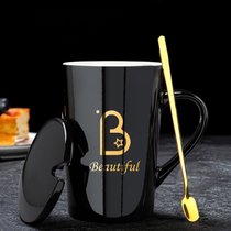 创意情侣杯子带盖勺陶瓷杯礼品马克杯北欧办公室水杯家用少女心(黑色B+盖勺)