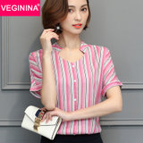 VEGININA 新款条纹韩版大码显瘦百搭雪纺衫 9824(粉色 S)