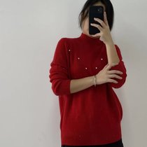 针织衫厚款女2021秋季新款设计感小众高领套头百搭绵羊毛纯色毛衣(红色 M)