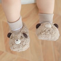 冬宝宝加绒地板鞋袜可爱婴儿鞋超软羊羔绒加绒地板中筒不掉袜套(大红色大眼睛 【M】1-2岁（脚12-14CM）)