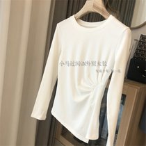 SUNTEK长袖t恤女2021秋装新款设计感小众褶皱高腰修身显瘦打底衫上衣潮(L 白色【加绒款】)