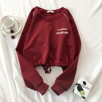 SUNTEK夏季短袖T恤女设计感小众女装春夏装短款上衣小款酒红色独特体恤(均码 长袖字母酒红色)