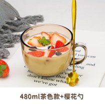 茶色燕麦早餐杯子玻璃杯水杯女家用大容量麦片牛奶杯咖啡杯带盖勺(茶色480ML+樱花勺)