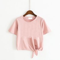SUNTEK短款T恤女夏装心机小众设计感2022新款韩国学生高腰露脐短袖上衣(M 309#粉色【绑带纯色】)