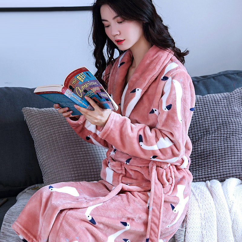 睡袍睡裙秋冬季睡袍法兰绒浴袍女士珊瑚绒浴衣冬天可爱女款中长款睡衣