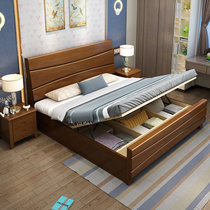 恒兴达 橡胶木新中式实木双人床1.8米1.5m现代简约高箱储物主卧床北欧婚床家具(1.8*2米胡桃色 床+床头柜*2)