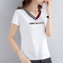 黑色纯棉短袖t恤女2022年新款夏季女装修身v领上衣半袖体恤衫(白色 L)