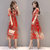 优雅气质红色长裙女夏2018新款韩版修身显瘦碎花雪纺喇叭袖连衣裙(红色)(2XL)
