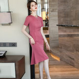 MISS LISA韩版时尚气质圆领高腰中长款连衣裙大码裙子KL908-1(粉红色 S)