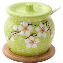 日式调料盒陶瓷装盐罐单个辣椒油罐猪油罐家用带盖调味罐放盐家用(浅绿色+木垫（送小勺）)