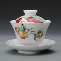 观复博物馆 三多纹饰盖碗套装（一碗三杯）功夫茶具中式吉祥纹茶具套装 景德镇陶瓷(三多盖碗（2019版）)