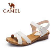 camel骆驼女鞋 2016夏季新款平跟凉鞋 软面舒适真皮休闲平底凉鞋妈妈鞋 A62862615(米色 39)