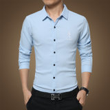 春季男士纯色长袖衬衫商务韩版修身型衬衫衫印花青年衣服男装衬衣   J3023(天蓝色 L)