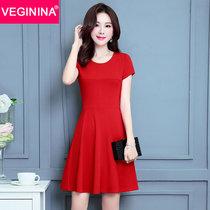 VEGININA 新款短袖连衣裙女纯色收腰显瘦A字型中裙 9815(红色 3XL)
