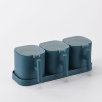 调料盒套装家用组合盐罐调味盒调料罐厨房用品小百货带勺收纳盒(蓝色（方形） 2格调味盒+底座（附赠2个勺子）)