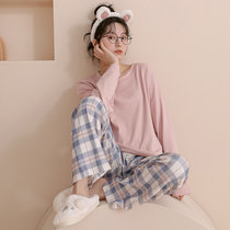 睡衣女士 春夏季款纯棉长袖家居服 纯色睡衣格子裤睡衣套装 可外穿家居服套装5160(粉色 XL)