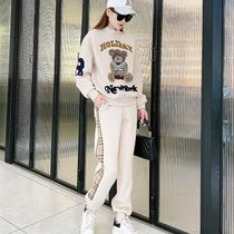 欧洲站休闲时尚卫衣运动套装2021年春秋气质两件套女(杏色【套装】)
