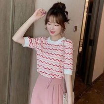 袖熙 条纹短袖t恤女装夏新款夏季薄款中袖上衣针织衫(粉红色 S)