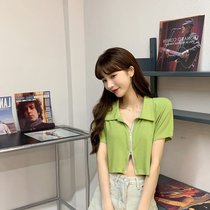 SUNTEKins高腰短款T恤女夏季韩版修身Polo翻领短袖体恤设计感拉链上衣服(M 绿色)